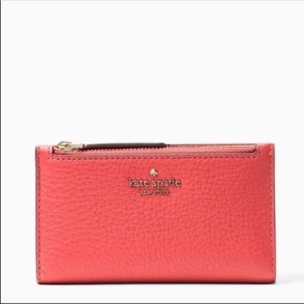 Kate Spade New York Red Pebbled Leather Slim Bifold Wallet Snap Closure NWT